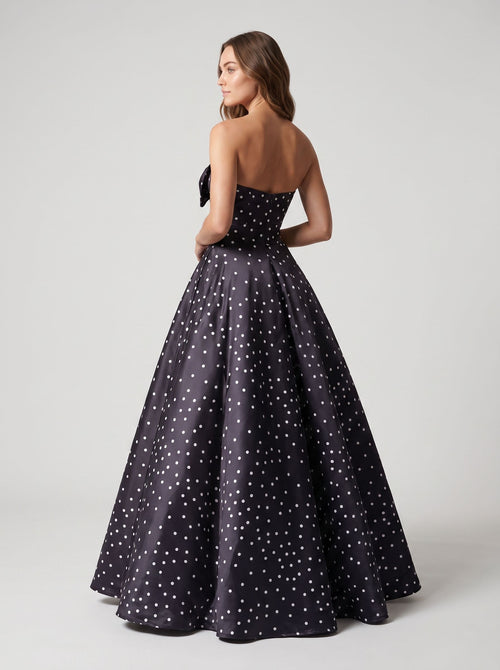 Black  Satin A-Line Sweetheart Bow Floor-Length Dress with Polka Dots