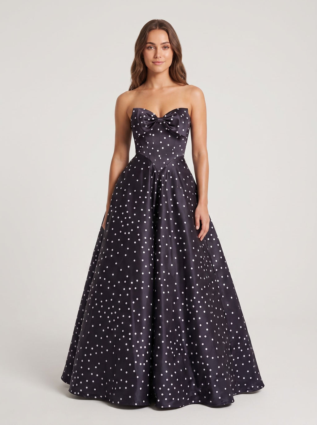 Black  Satin A-Line Sweetheart Bow Floor-Length Dress with Polka Dots