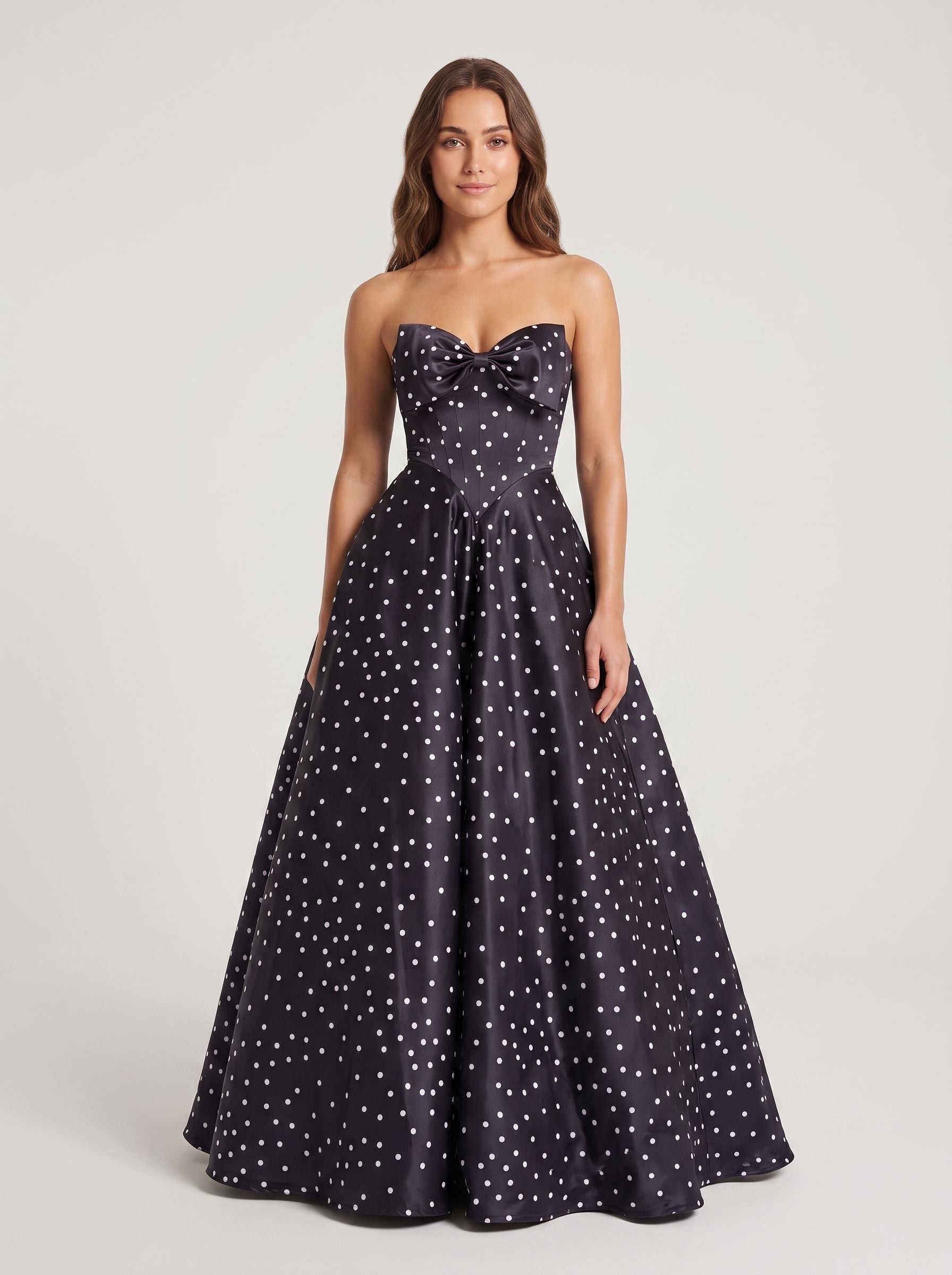 Black  Satin A-Line Sweetheart Bow Floor-Length Dress with Polka Dots