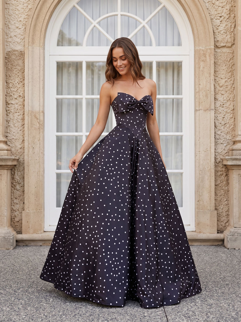 Black  Satin A-Line Sweetheart Bow Floor-Length Dress with Polka Dots
