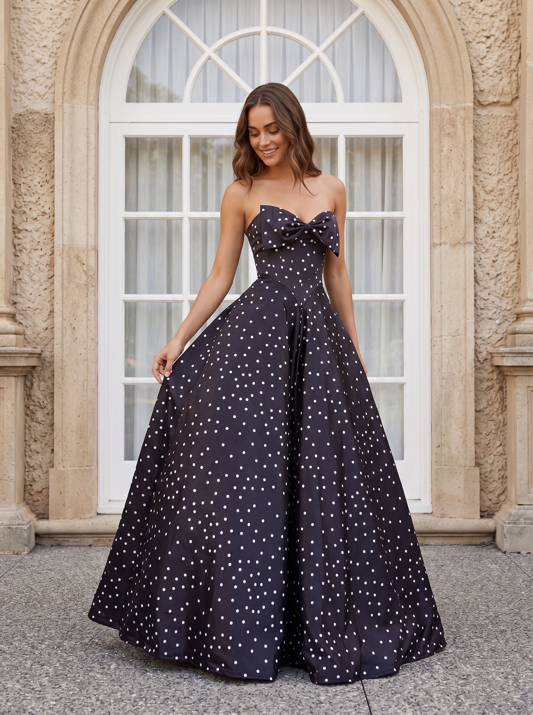 Black  Satin A-Line Sweetheart Bow Floor-Length Dress with Polka Dots