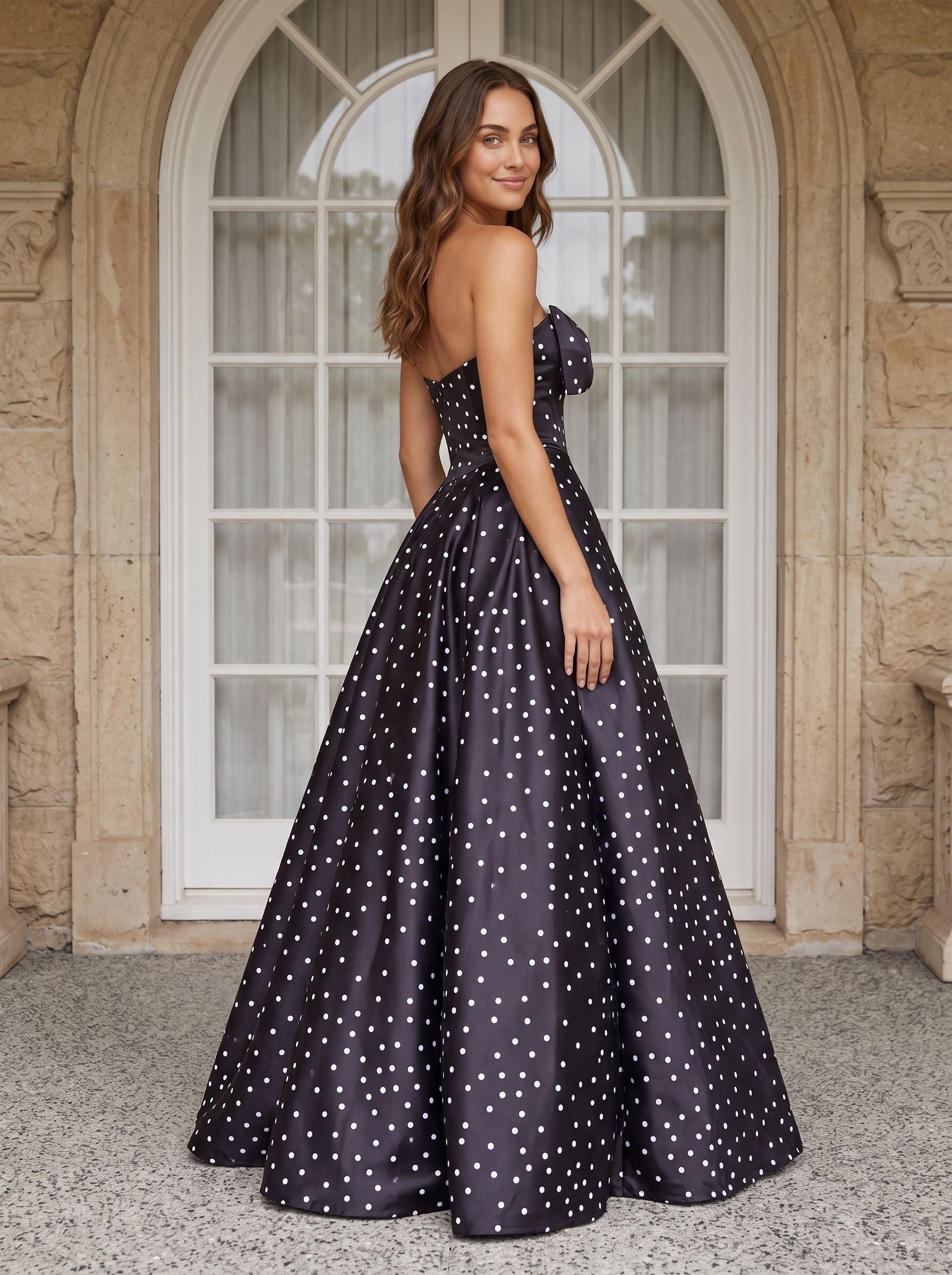 Black  Satin A-Line Sweetheart Bow Floor-Length Dress with Polka Dots