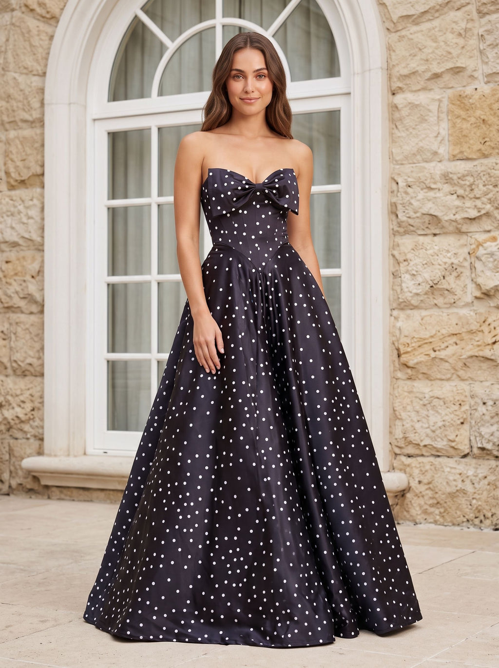 Black  Satin A-Line Sweetheart Bow Floor-Length Dress with Polka Dots