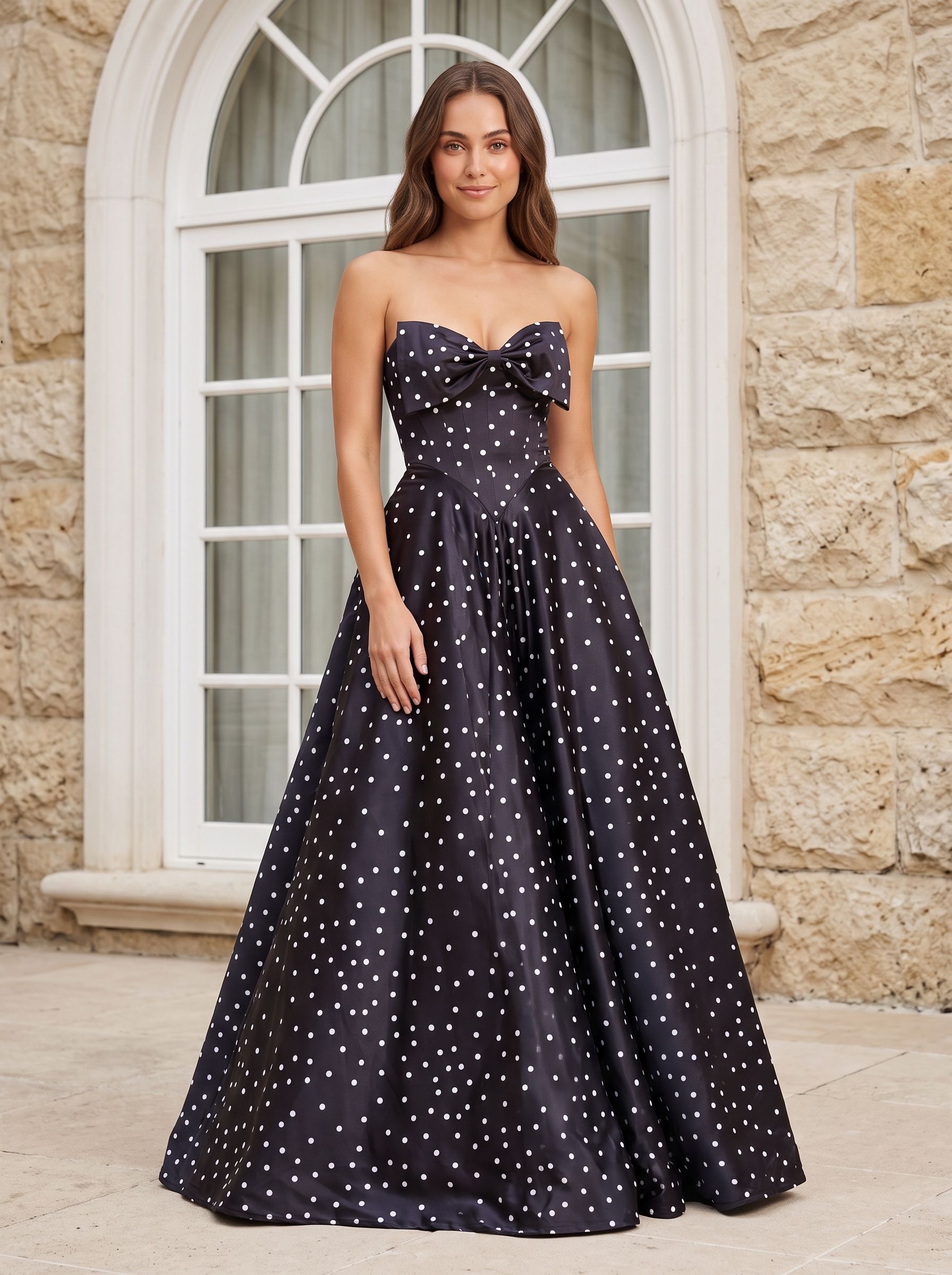 Black  Satin A-Line Sweetheart Bow Floor-Length Dress with Polka Dots