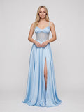 Sky Blue Satin A-Line Sweetheart Lace-up Floor-Length Dress with Sheer Corset Bodice & Pockets
