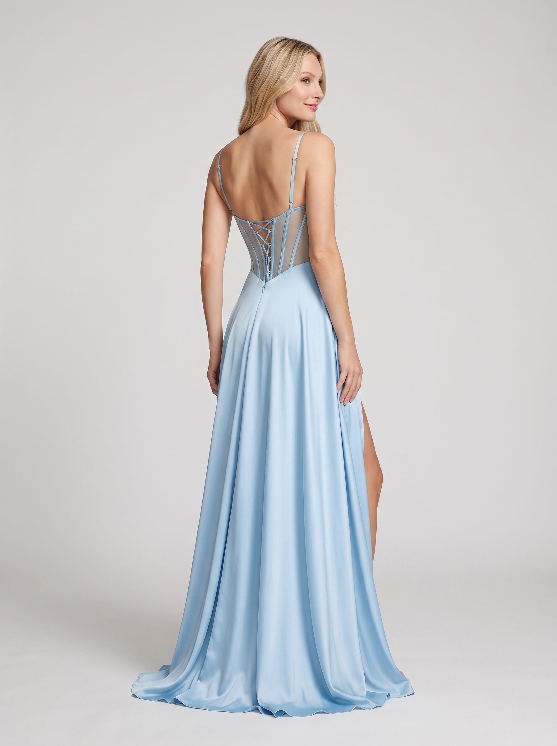 Sky Blue Satin A-Line Sweetheart Lace-up Floor-Length Dress with Sheer Corset Bodice & Pockets