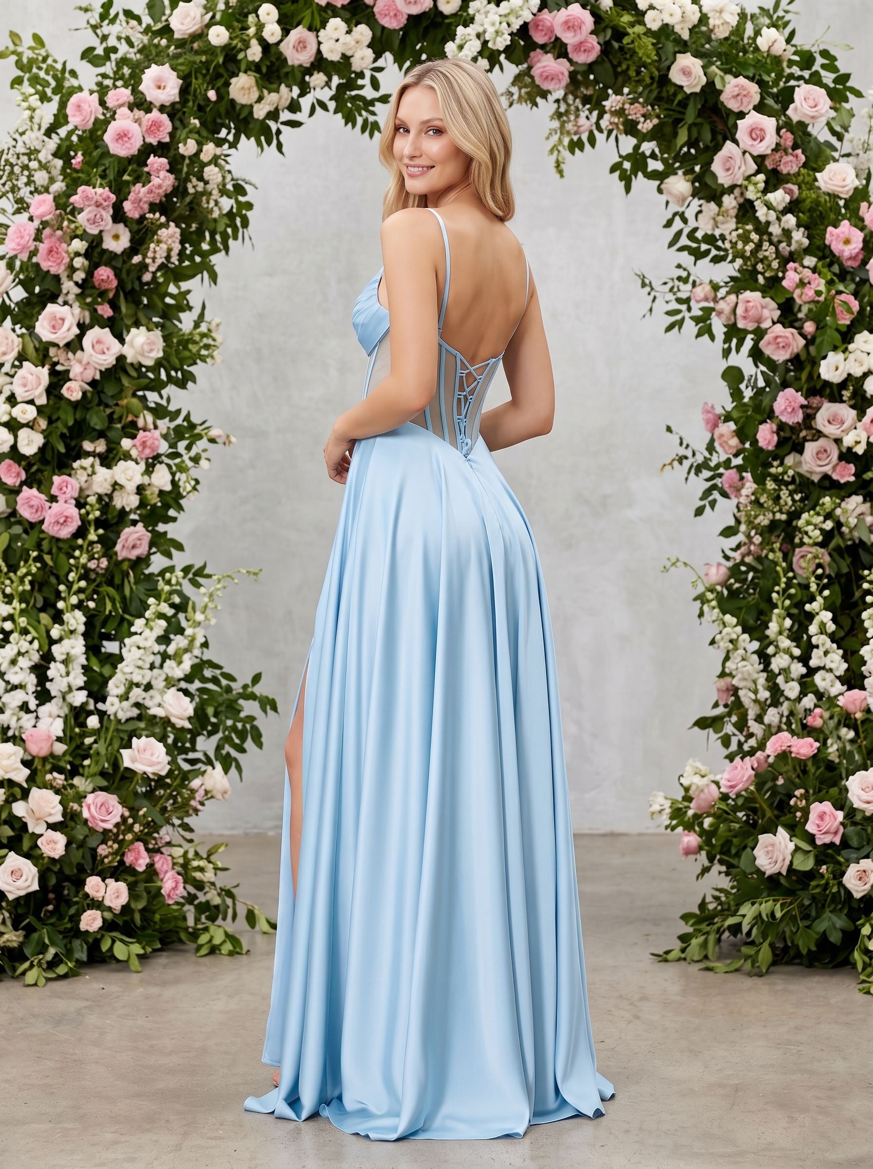 Sky Blue Satin A-Line Sweetheart Lace-up Floor-Length Dress with Sheer Corset Bodice & Pockets