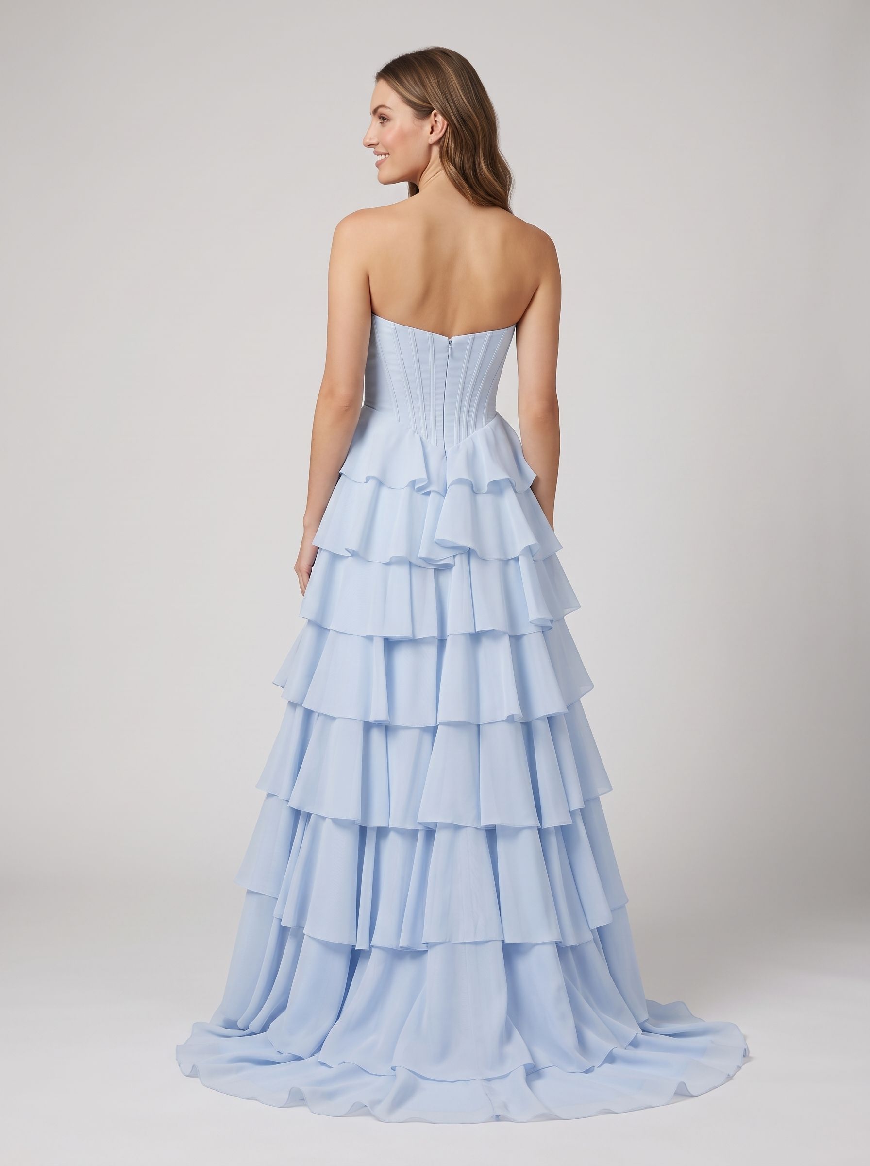 Mist Tulle A-Line Sweetheart Corset Back Long Dress with Beaded Neckline and Tiered Ruffles