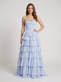 Mist Tulle A-Line Sweetheart Corset Back Long Dress with Beaded Neckline and Tiered Ruffles