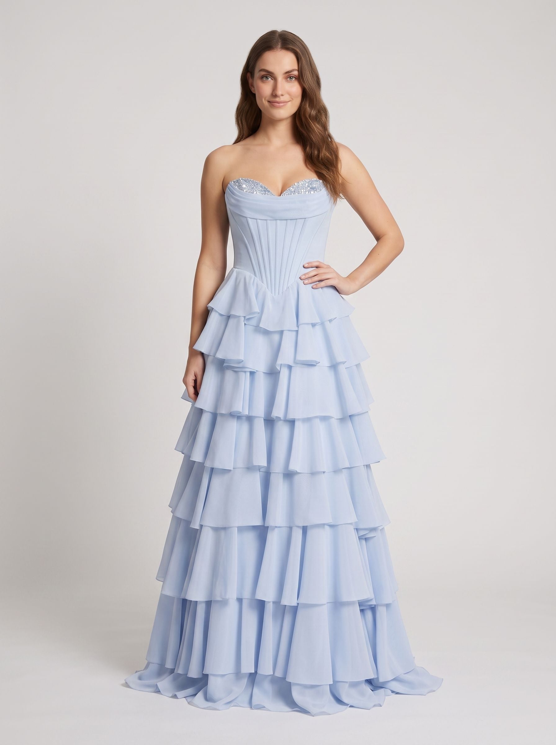 Mist Tulle A-Line Sweetheart Corset Back Long Dress with Beaded Neckline and Tiered Ruffles