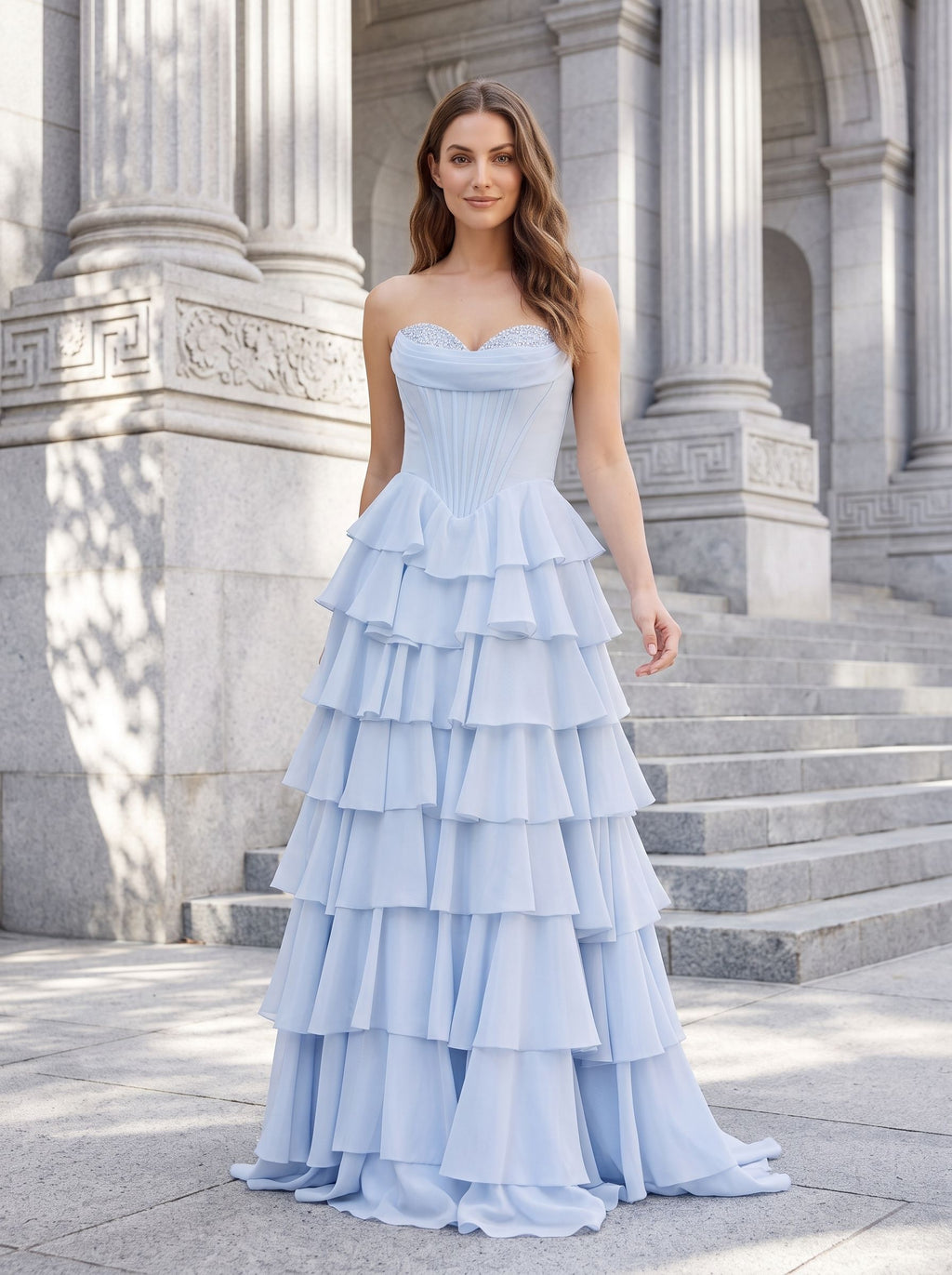Mist Tulle A-Line Sweetheart Corset Back Long Dress with Beaded Neckline and Tiered Ruffles