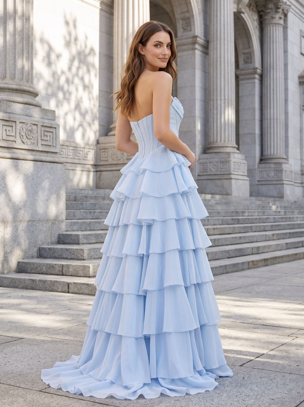 Mist Tulle A-Line Sweetheart Corset Back Long Dress with Beaded Neckline and Tiered Ruffles