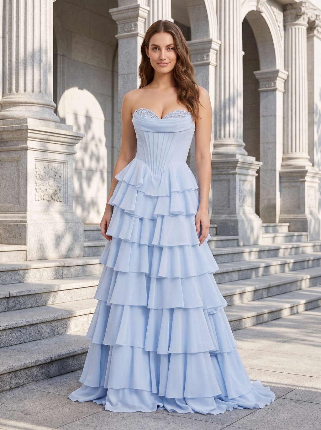 Mist Tulle A-Line Sweetheart Corset Back Long Dress with Beaded Neckline and Tiered Ruffles