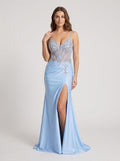 Sky Blue Satin column V-Neck Corset Back Floor-Length Dress with High Slit