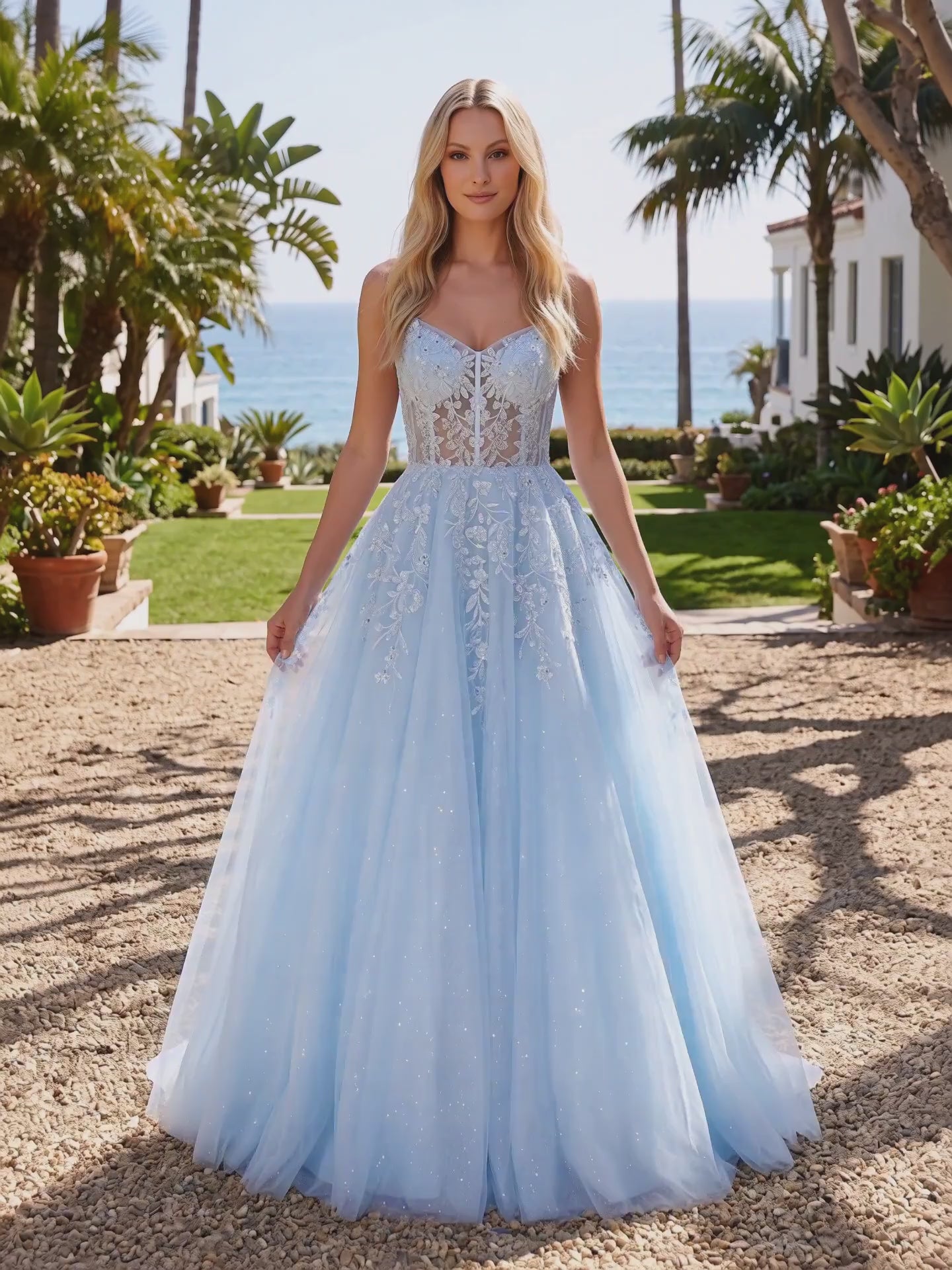 Sky Blue Glitter Tulle & Lace A-Line V-Neck Corset Back Floor-Length Dress