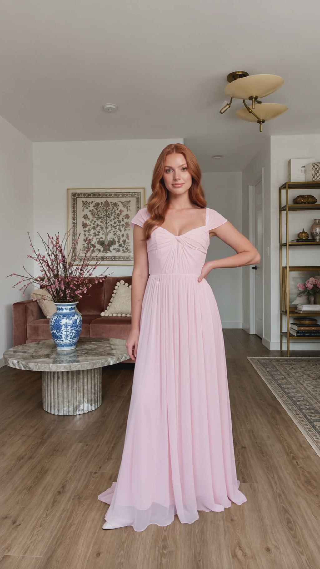 Blushing Pink Chiffon A-Line Square Neck Backless Floor-Length Prom Dress
