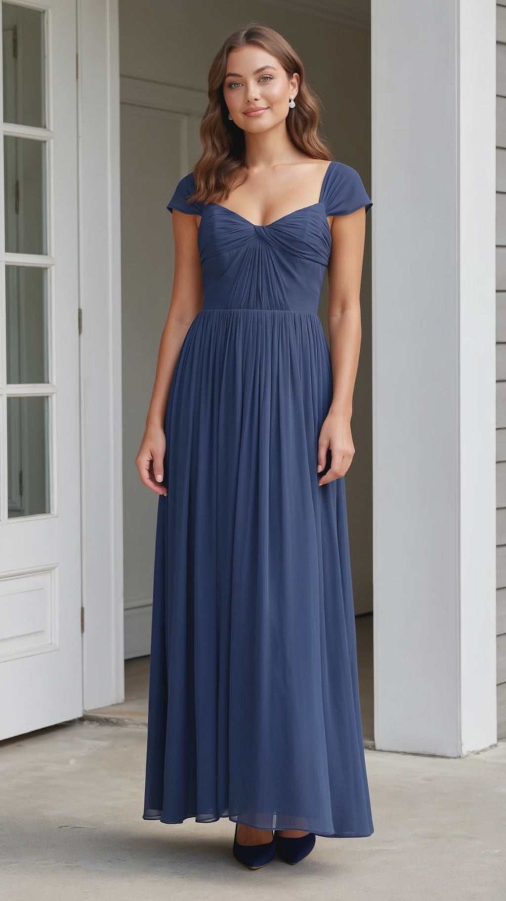 Navy Blue Chiffon A-Line Square Neck Backless Floor-Length Prom Dress