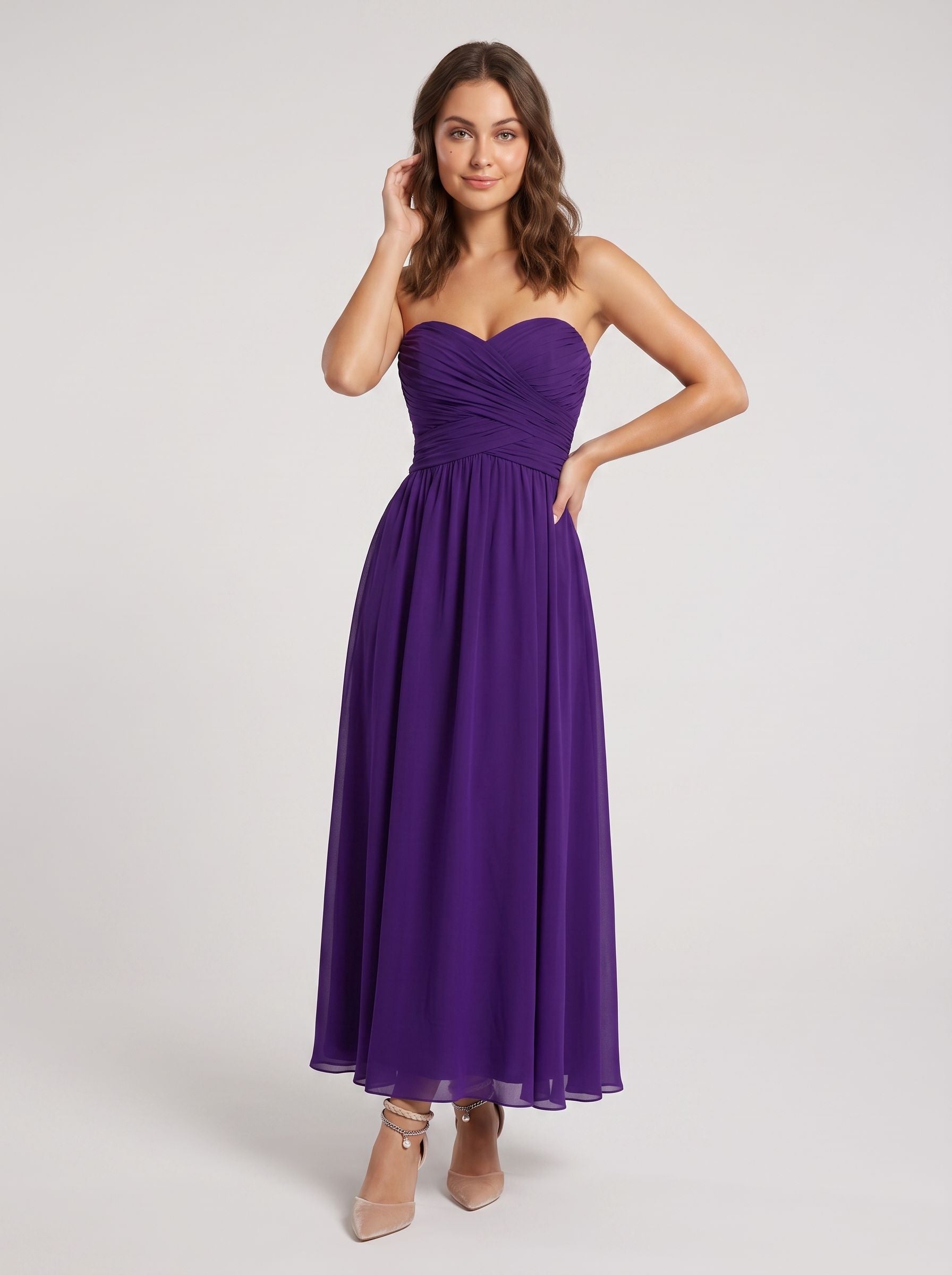 Purple Chiffon A-Line Sweetheart Back Zip Floor-Length Dress with Pleating