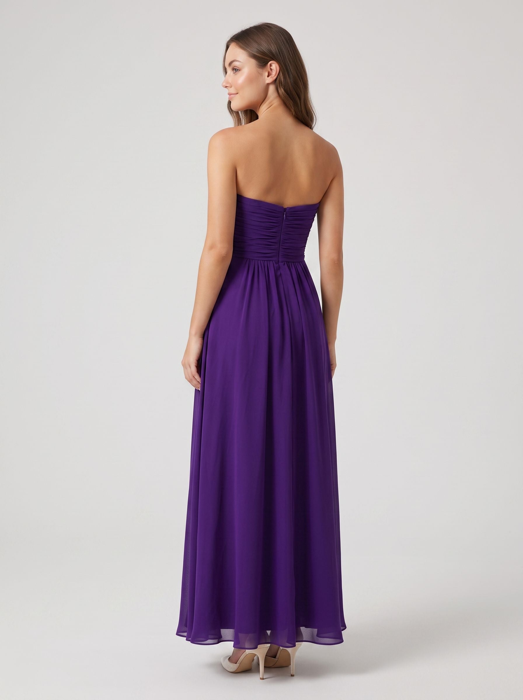 Purple Chiffon A-Line Sweetheart Back Zip Floor-Length Dress with Pleating