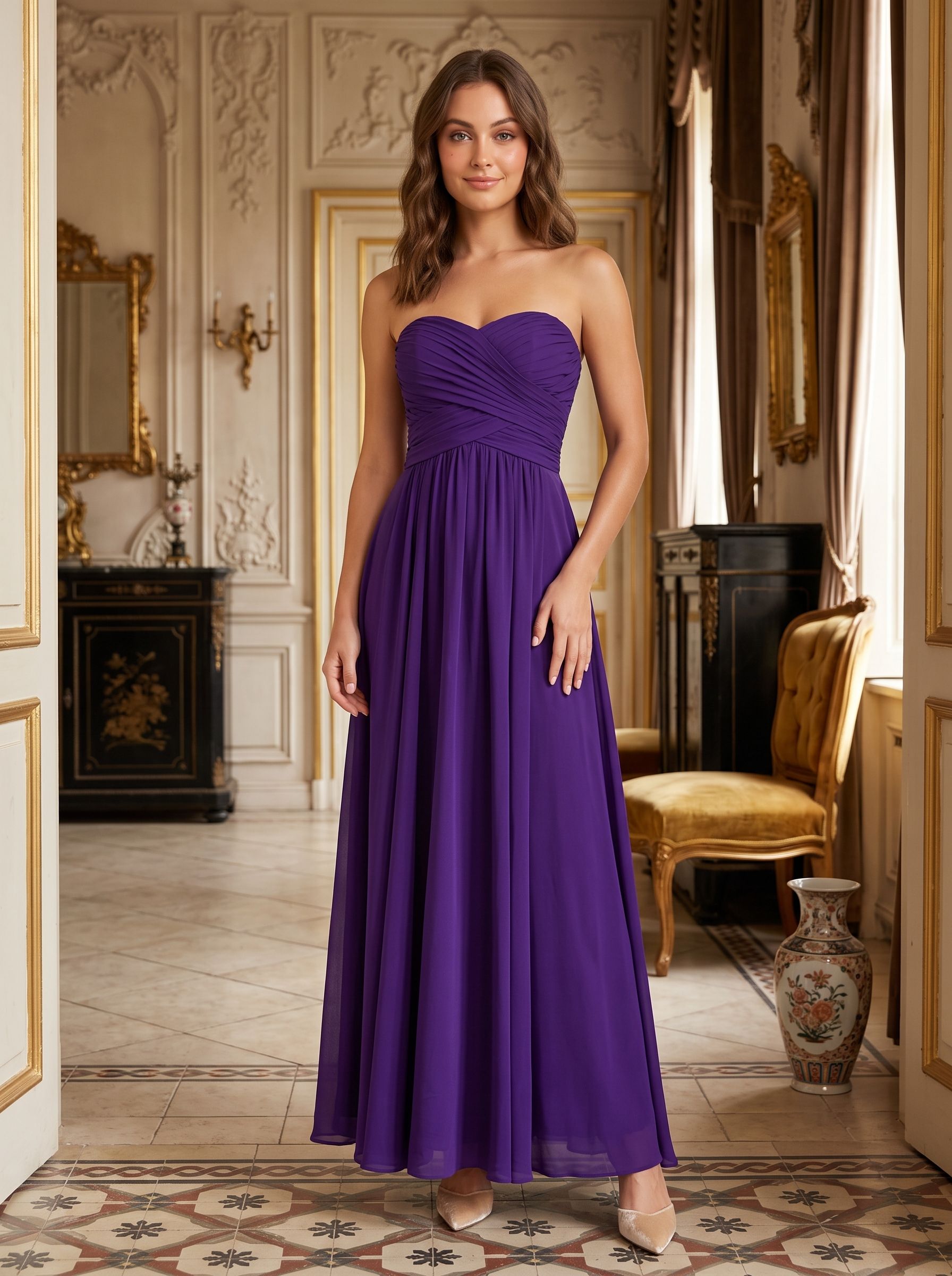 Purple Chiffon A-Line Sweetheart Back Zip Floor-Length Dress with Pleating