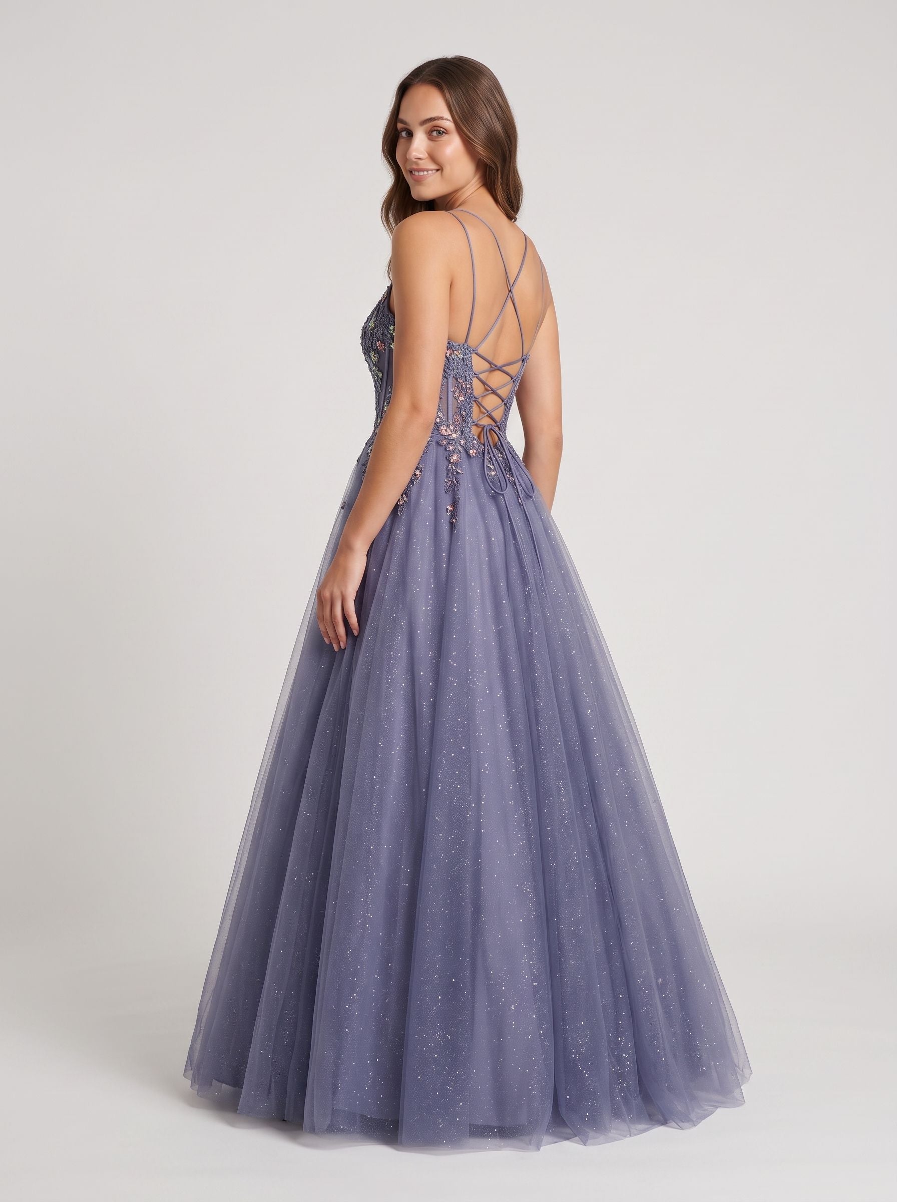 Purple Tulle A-Line V-Neck Backless Floor-Length Dress with Lace Bodice