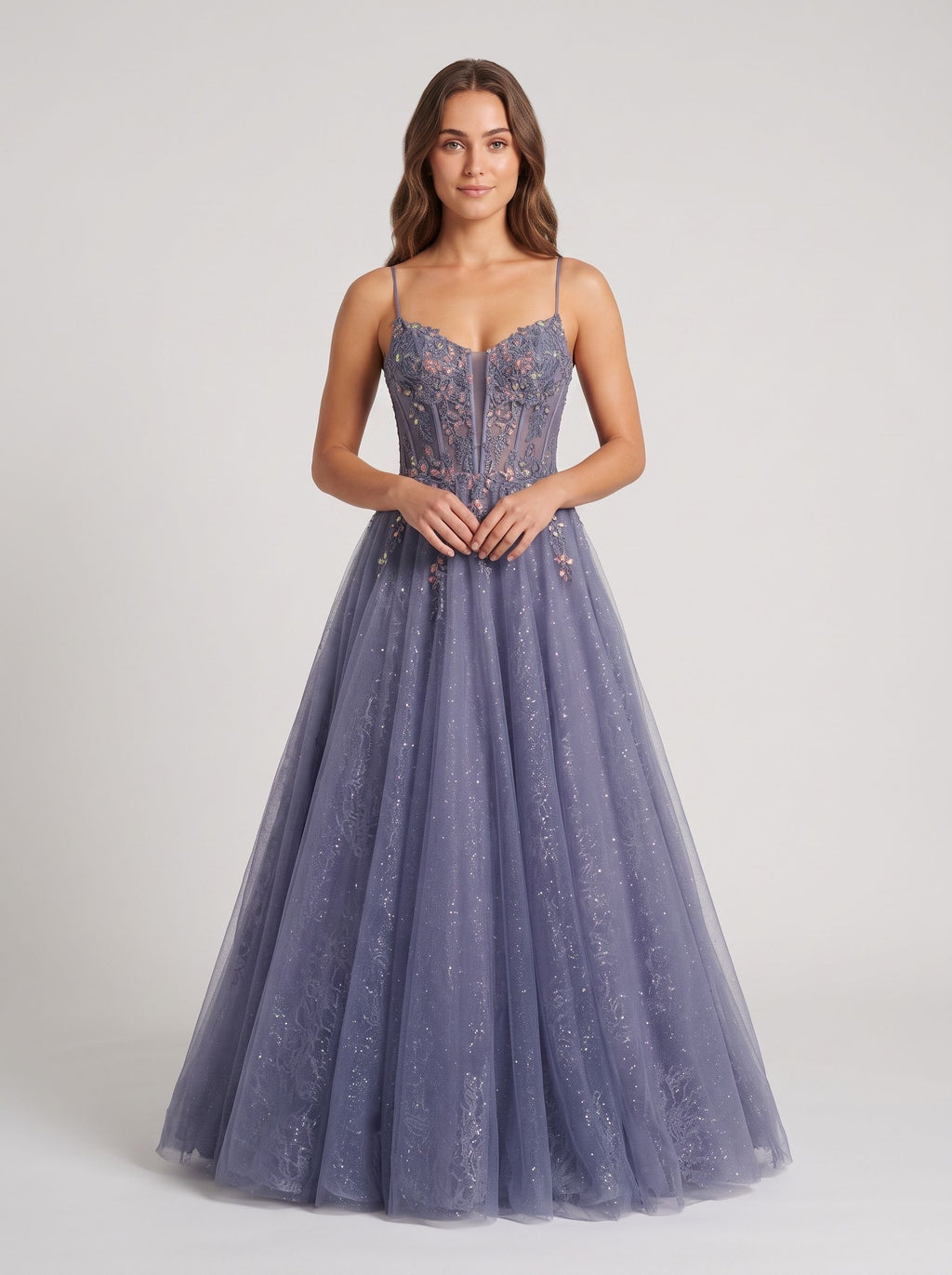 Purple Tulle A-Line V-Neck Backless Floor-Length Dress with Lace Bodice