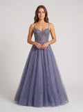 Purple Tulle A-Line V-Neck Backless Floor-Length Dress with Lace Bodice