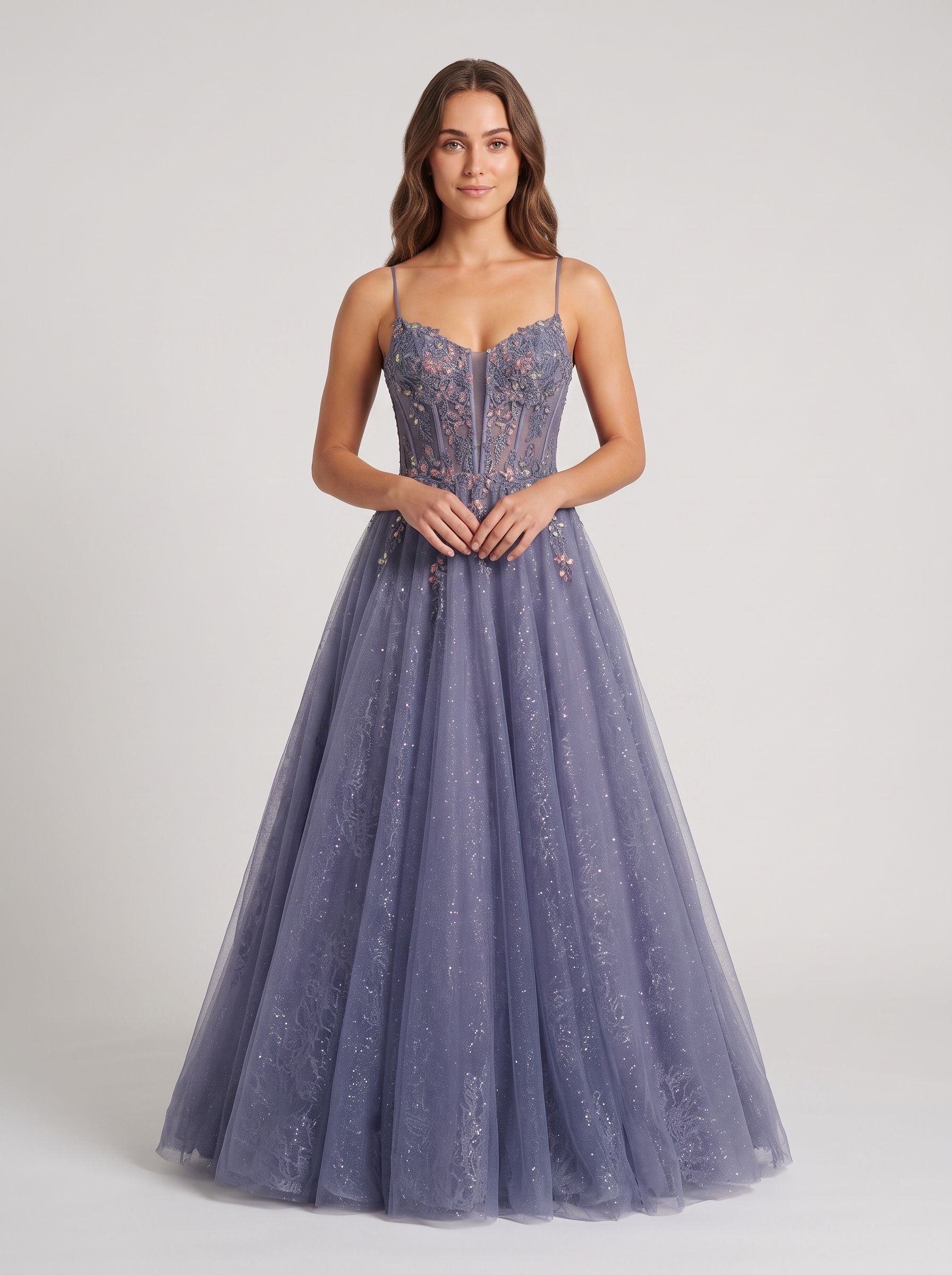 Purple Tulle A-Line V-Neck Backless Floor-Length Dress with Lace Bodice
