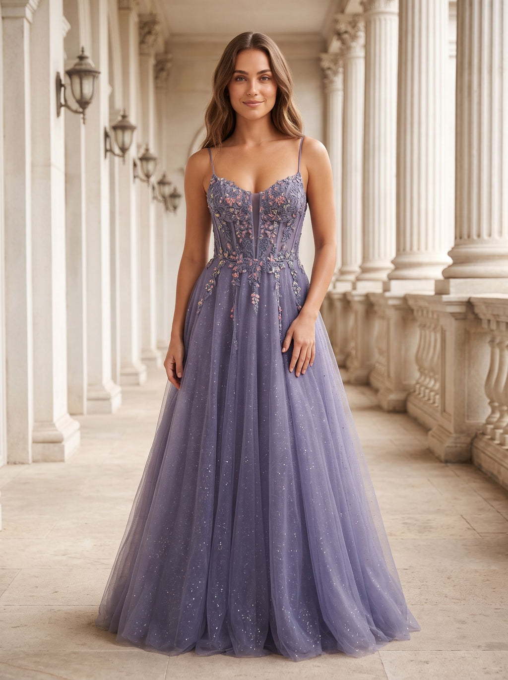 Purple Tulle A-Line V-Neck Backless Floor-Length Dress with Lace Bodice