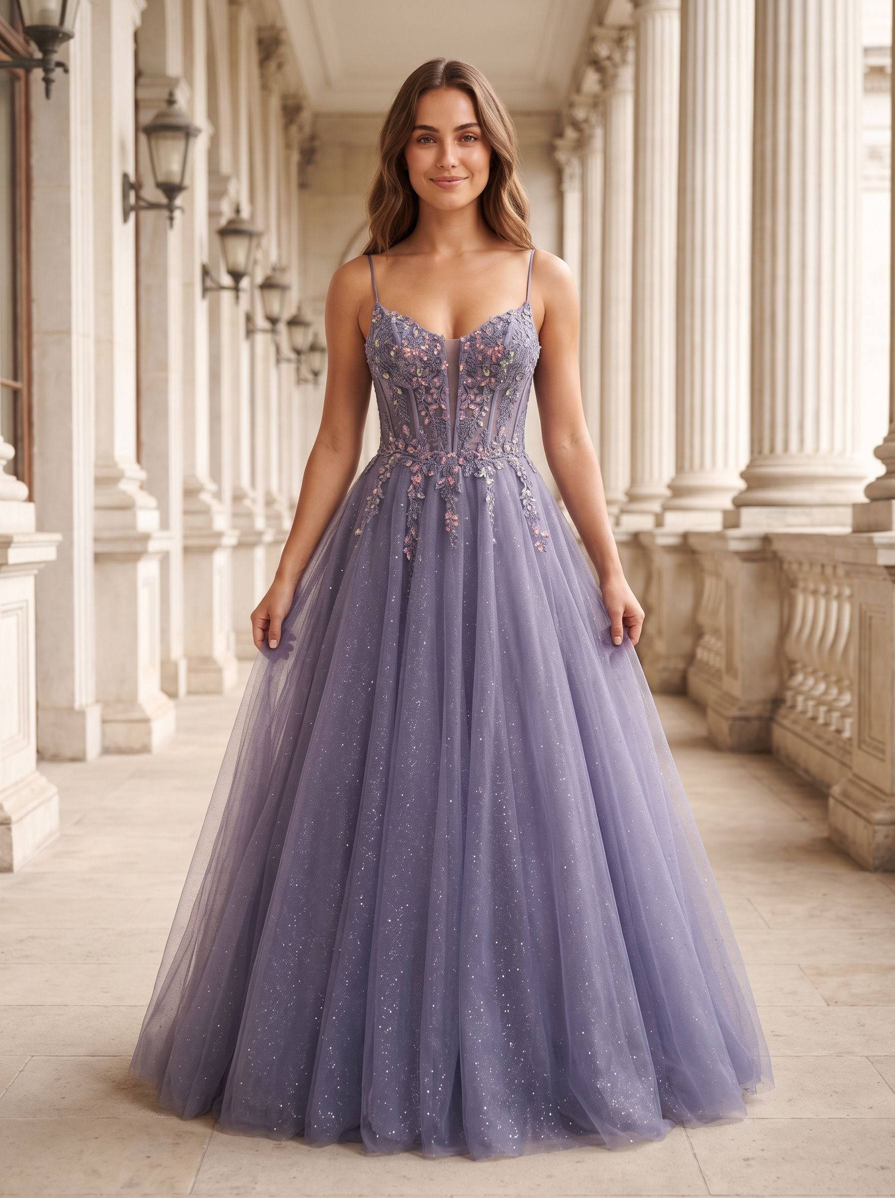 Purple Tulle A-Line V-Neck Backless Floor-Length Dress with Lace Bodice