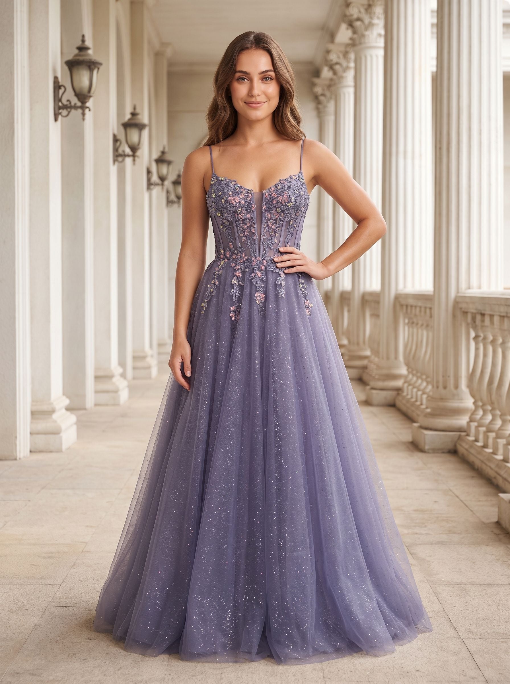 Purple Tulle A-Line V-Neck Backless Floor-Length Dress with Lace Bodice
