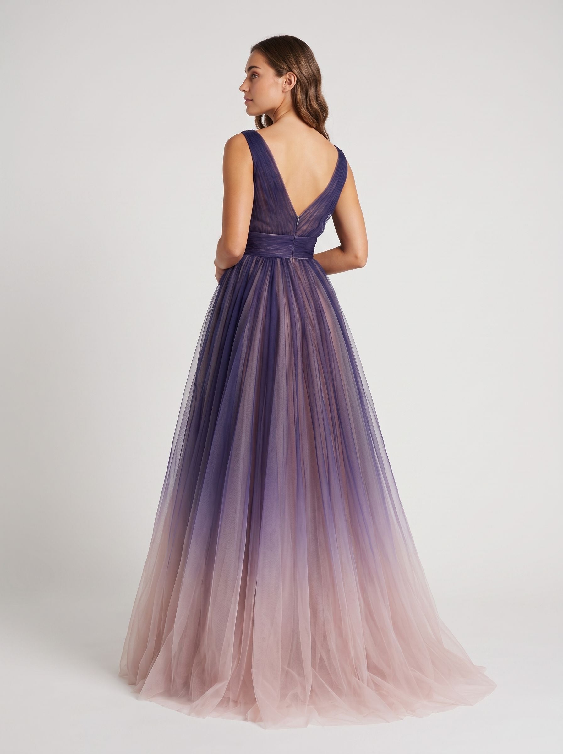 Purple Tulle A-Line V-Neck V-Back Floor-Length Dress with Pleated Bodice