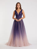 Purple Tulle A-Line V-Neck V-Back Floor-Length Dress with Pleated Bodice