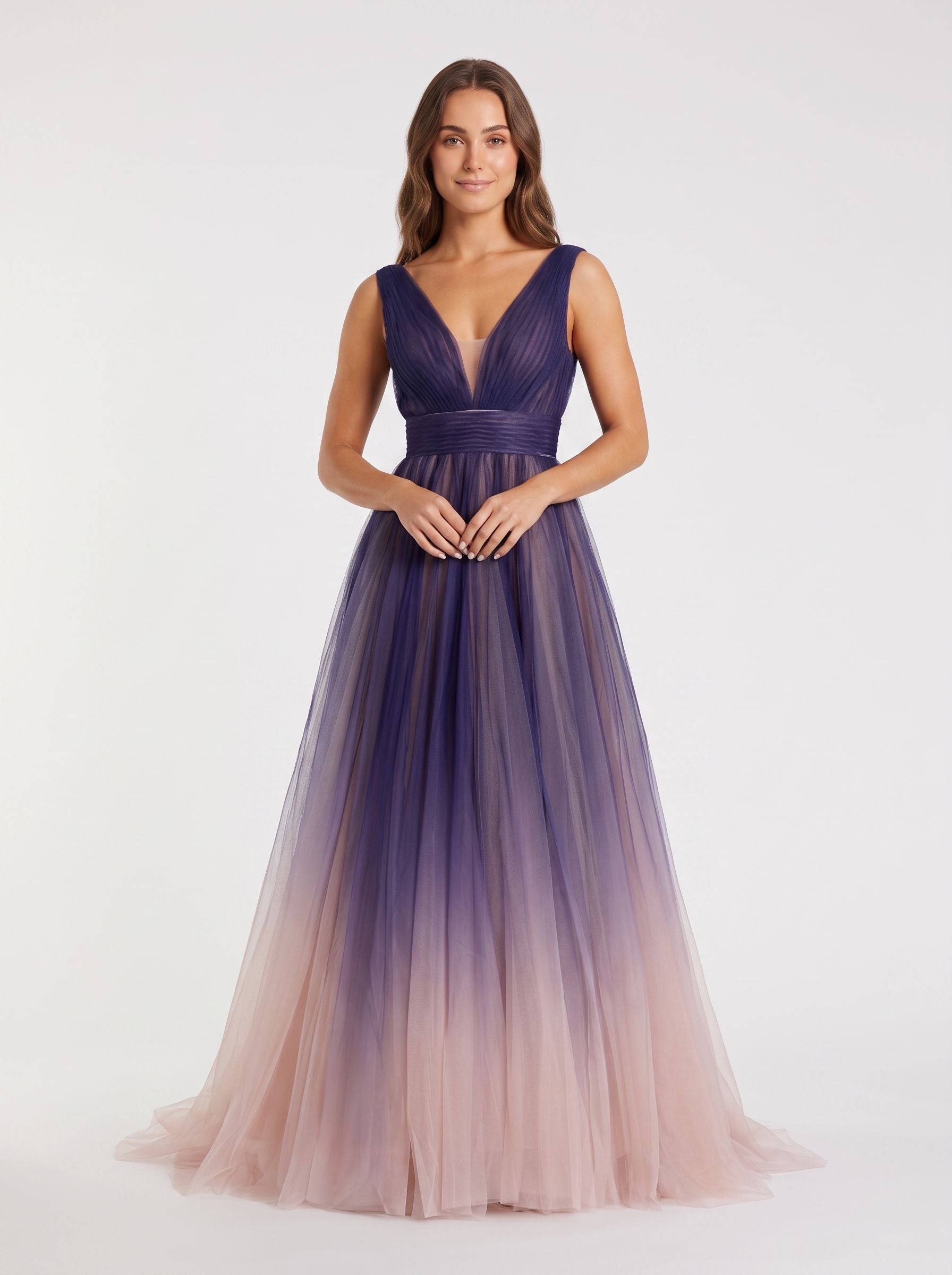 Purple Tulle A-Line V-Neck V-Back Floor-Length Dress with Pleated Bodice