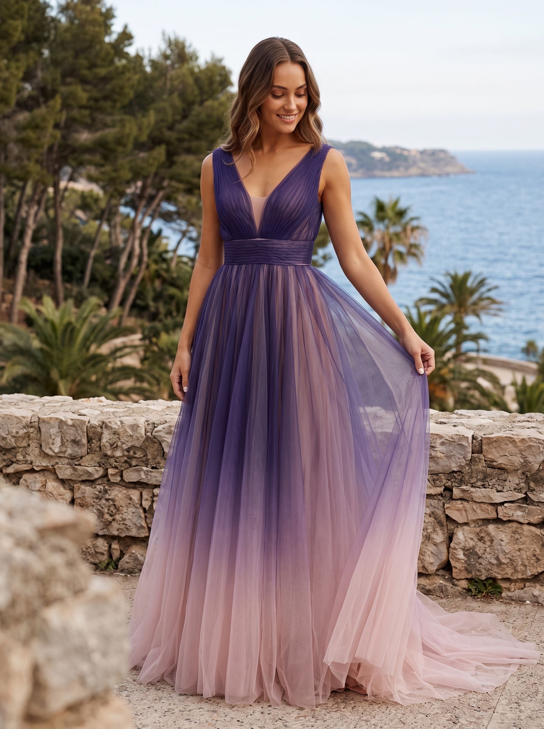 Purple Tulle A-Line V-Neck V-Back Floor-Length Dress with Pleated Bodice