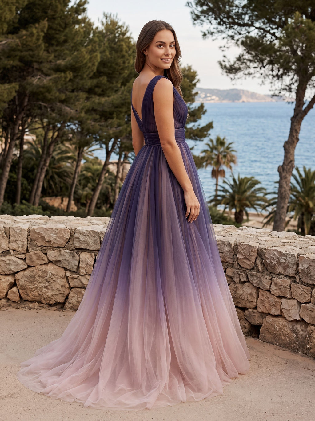Purple Tulle A-Line V-Neck V-Back Floor-Length Dress with Pleated Bodice