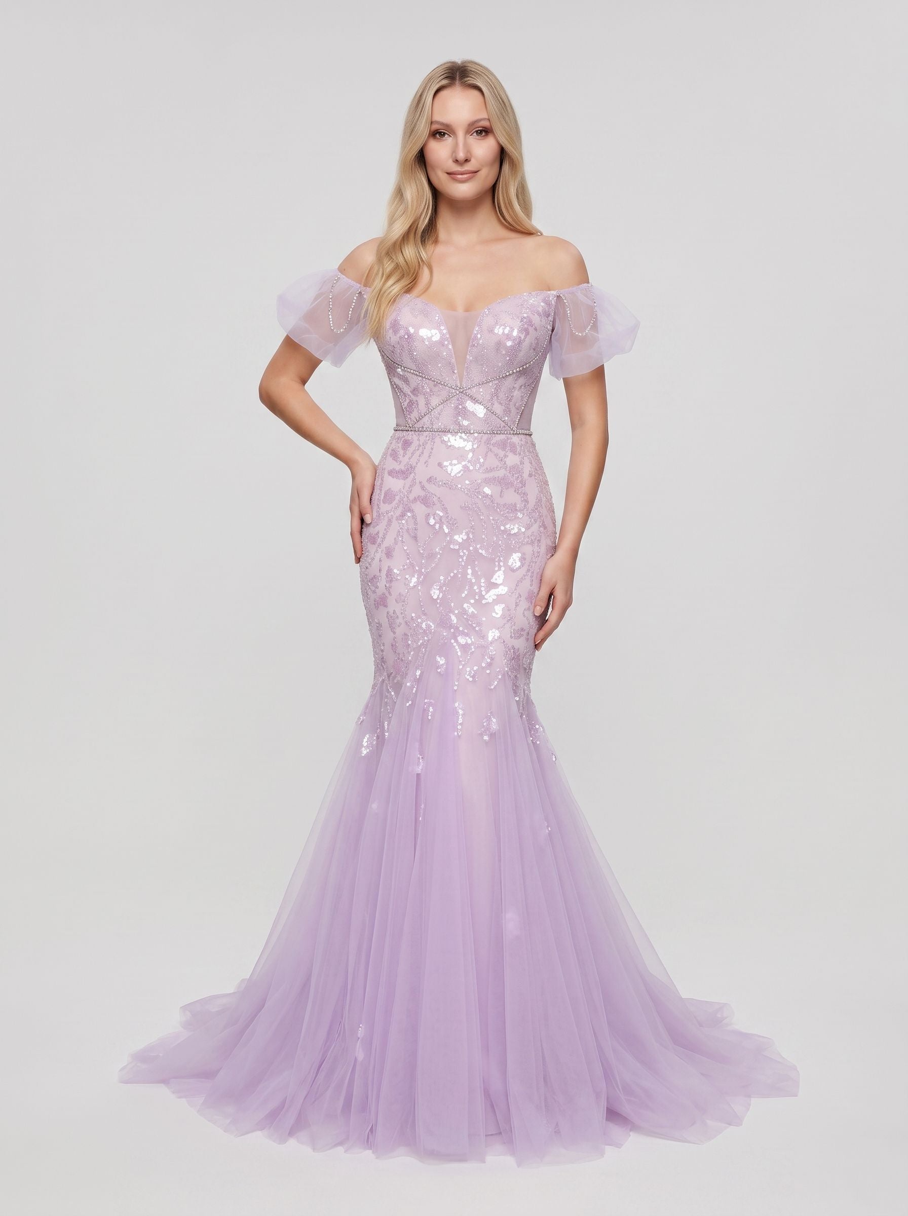 Lilac Tulle Mermaid Off-the-Shoulder Lace-up Floor-Length Dress with Shimmering Sequins