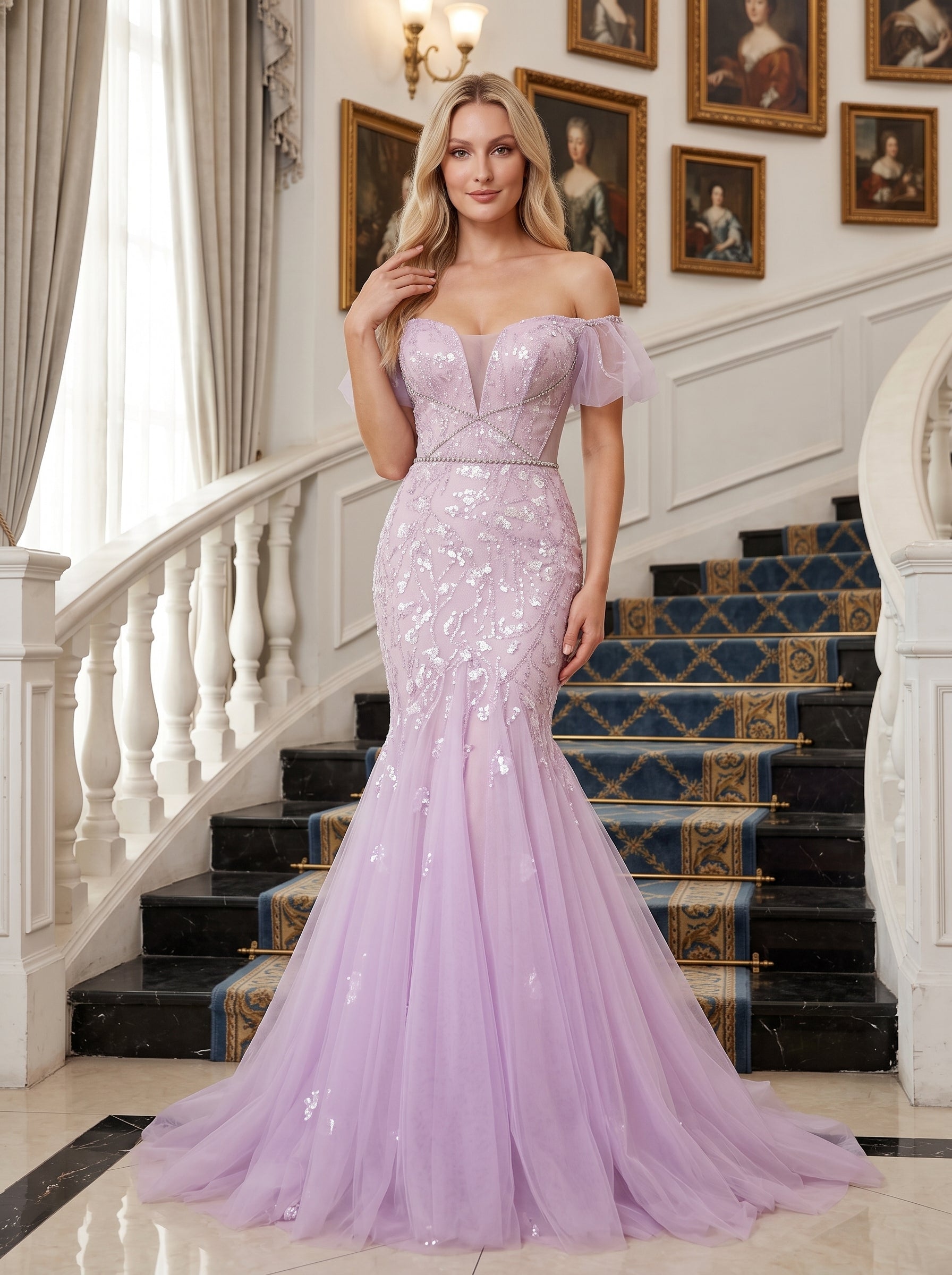 Lilac Tulle Mermaid Off-the-Shoulder Lace-up Floor-Length Dress with Shimmering Sequins