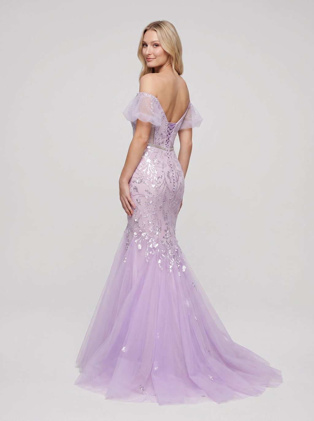 Lilac Tulle Mermaid Off-the-Shoulder Lace-up Floor-Length Dress with Shimmering Sequins