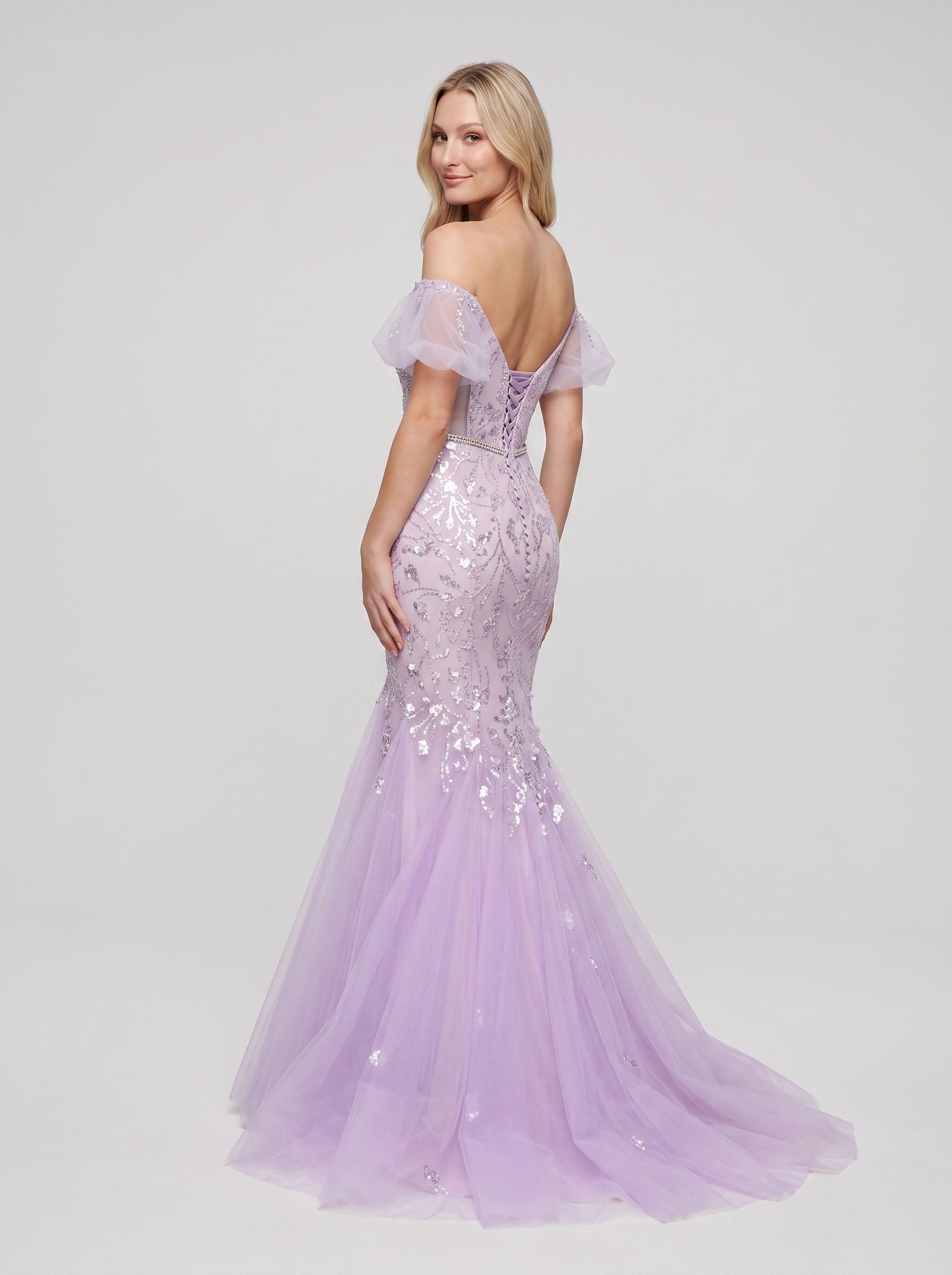 Lilac Tulle Mermaid Off-the-Shoulder Lace-up Floor-Length Dress with Shimmering Sequins