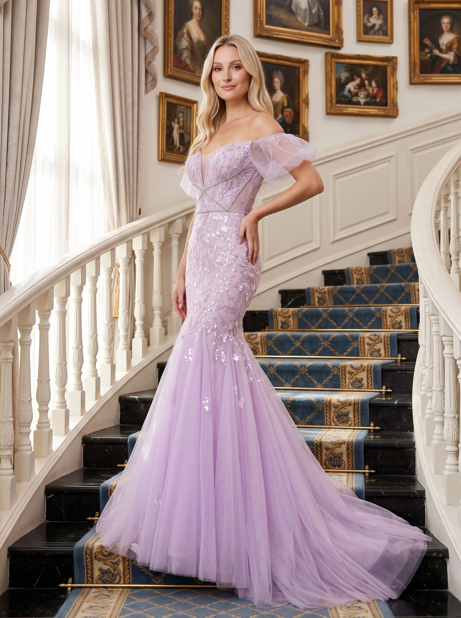 Lilac Tulle Mermaid Off-the-Shoulder Lace-up Floor-Length Dress with Shimmering Sequins