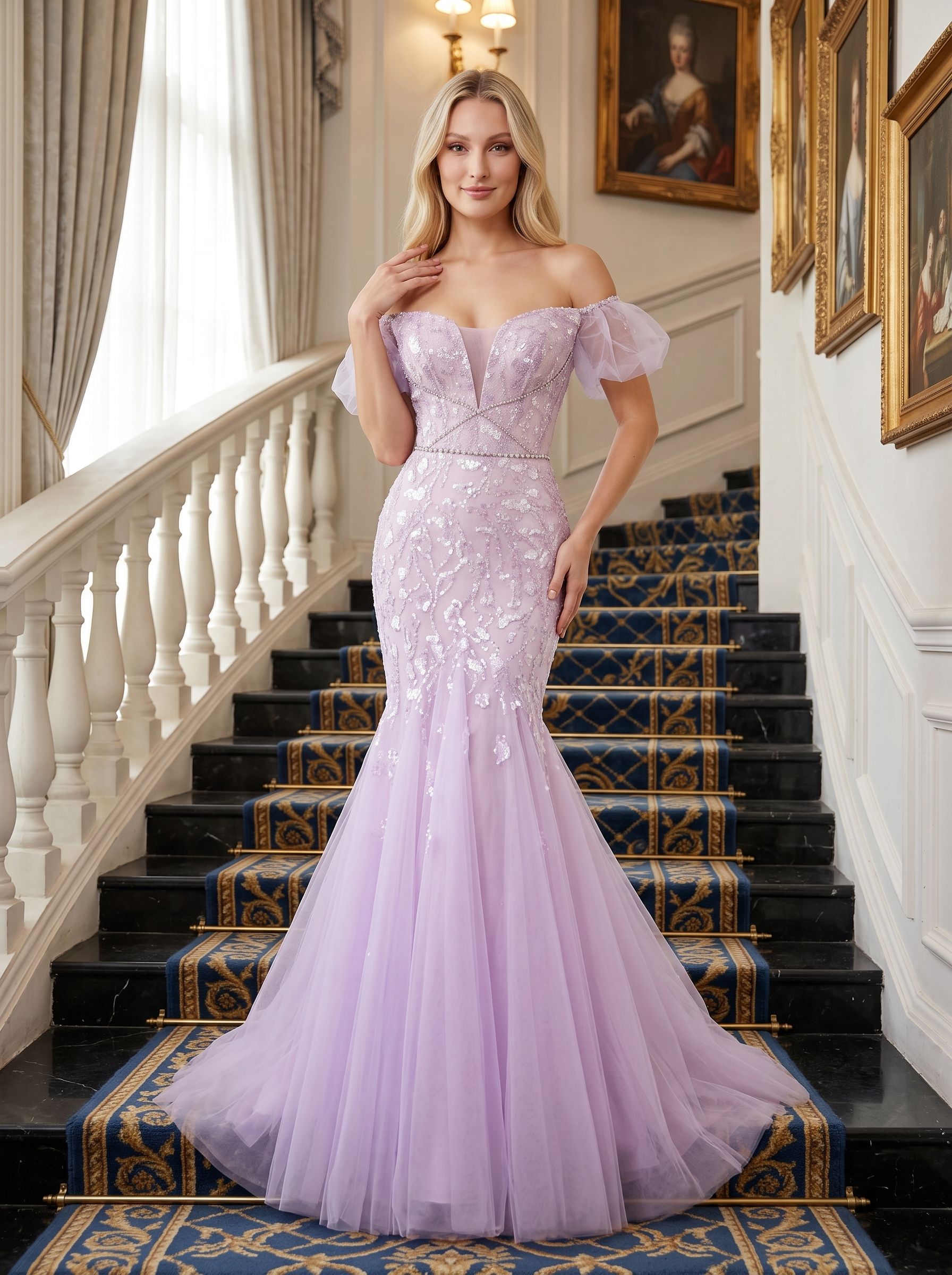 Lilac Tulle Mermaid Off-the-Shoulder Lace-up Floor-Length Dress with Shimmering Sequins