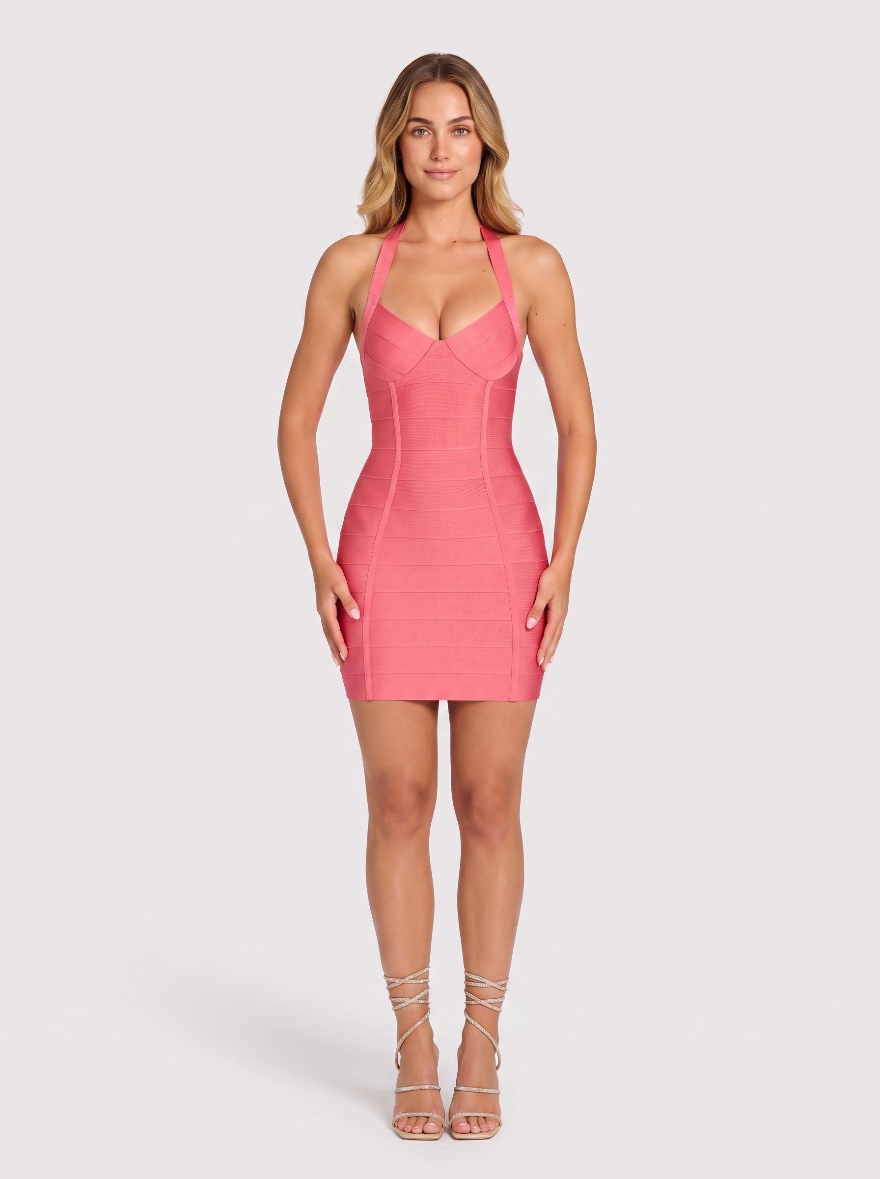Coral Stretch Knit Sheath Halter neckline  Side Zip Mini Dress