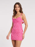 Pink Sequin Lace Sheath Cowl Neck Backless Mini Dress