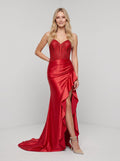 Red Satin A-Line Sweetheart Corset Back Floor-Length Dress with Beaded Sheer Bodice & Ruffles