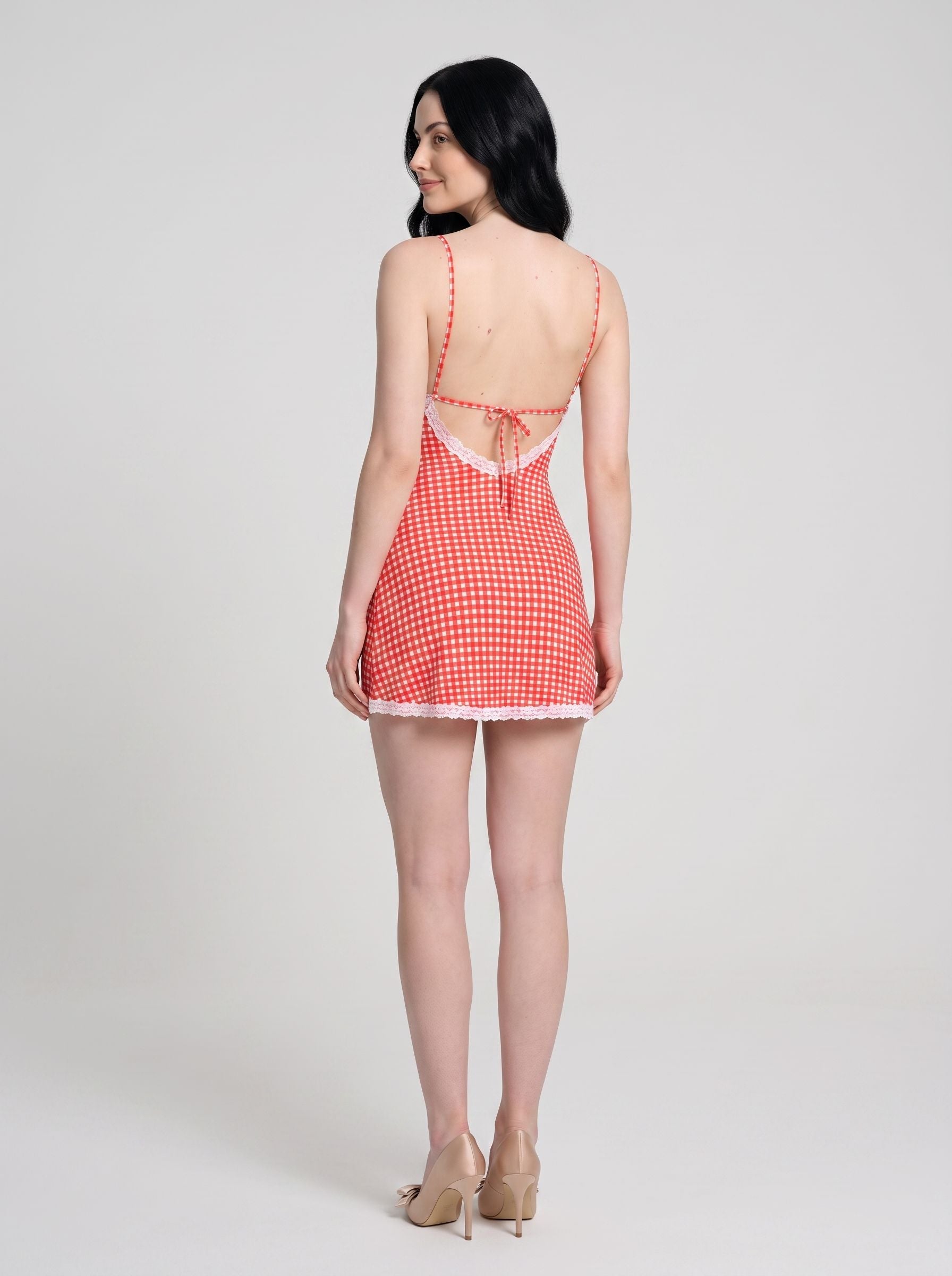 Red Gingham Stretch Knit A-Line V-Neck Backless Mini Dress with Contrast Lace Trim