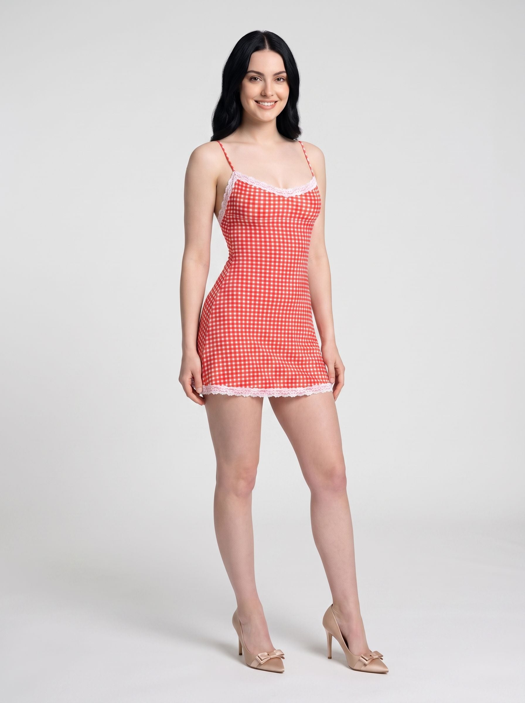Red Gingham Stretch Knit A-Line V-Neck Backless Mini Dress with Contrast Lace Trim