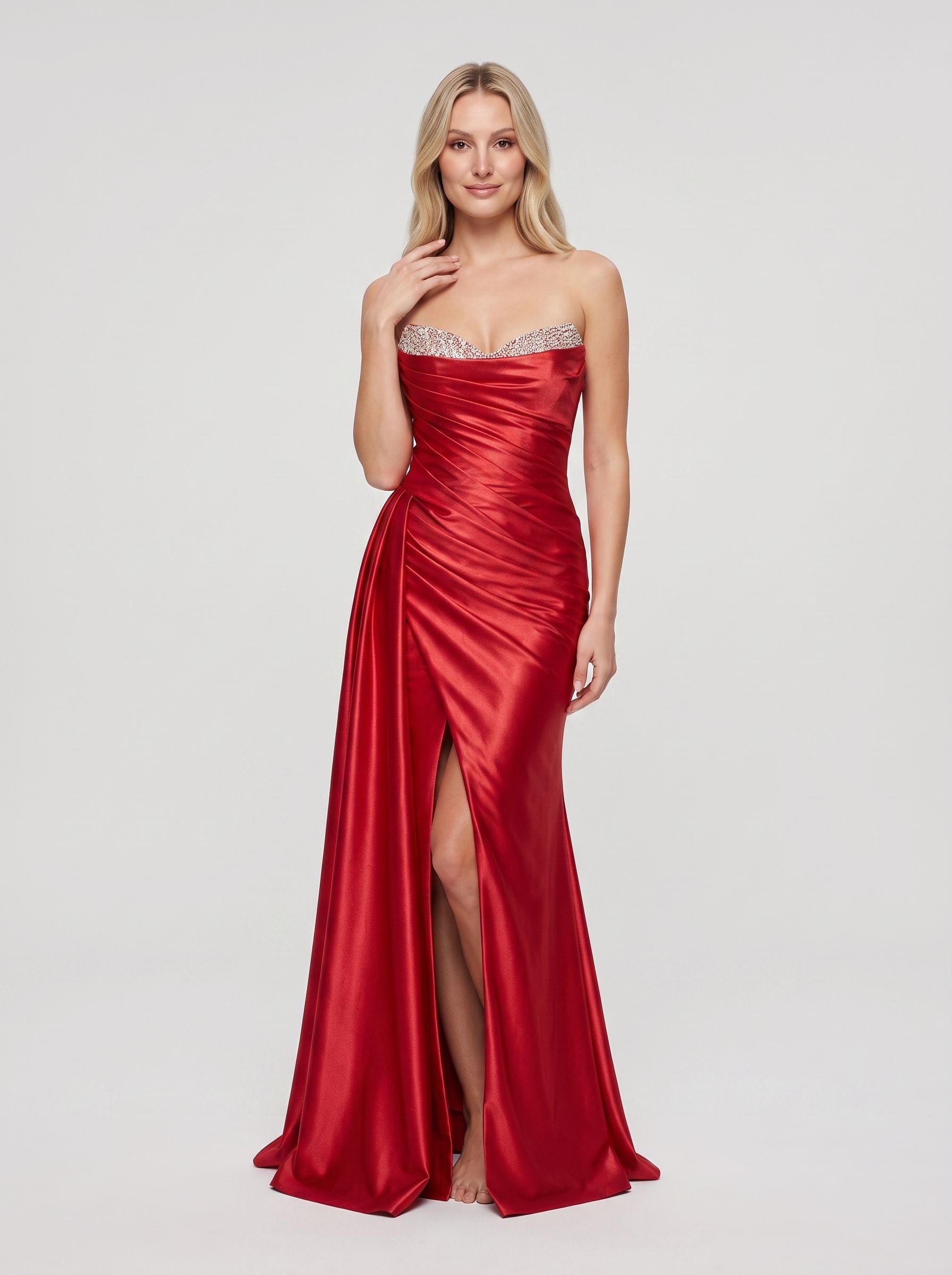 Red Glitter Trumpet One Shoulder Backless Floor-Length Dress with Beaded Draped Sleeve