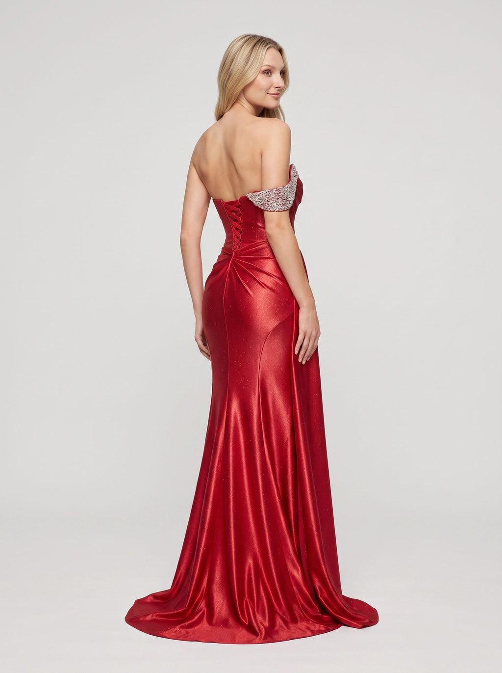 Red Glitter Trumpet One Shoulder Backless Floor-Length Dress with Beaded Draped Sleeve