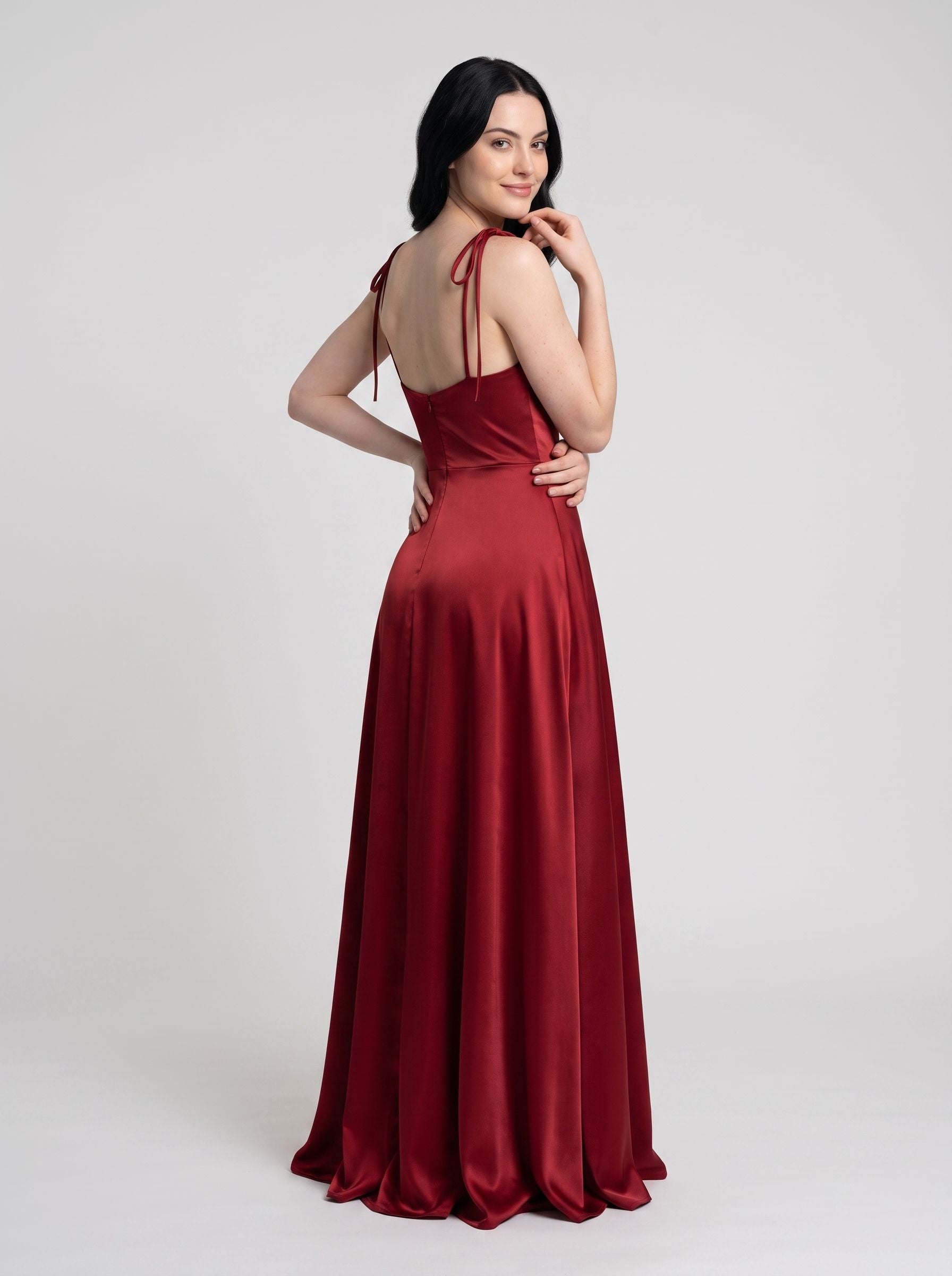 Red Satin A-Line Cowl Neck Back Zip Floor-Length Dress with Shoulder-tie bows and thigh-high side slit